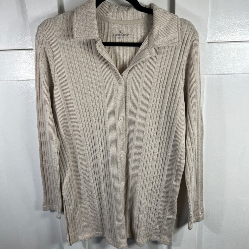 Cuddl Duds Oatmeal Heather Ribbed Knit Button Down Cardigan Top Small